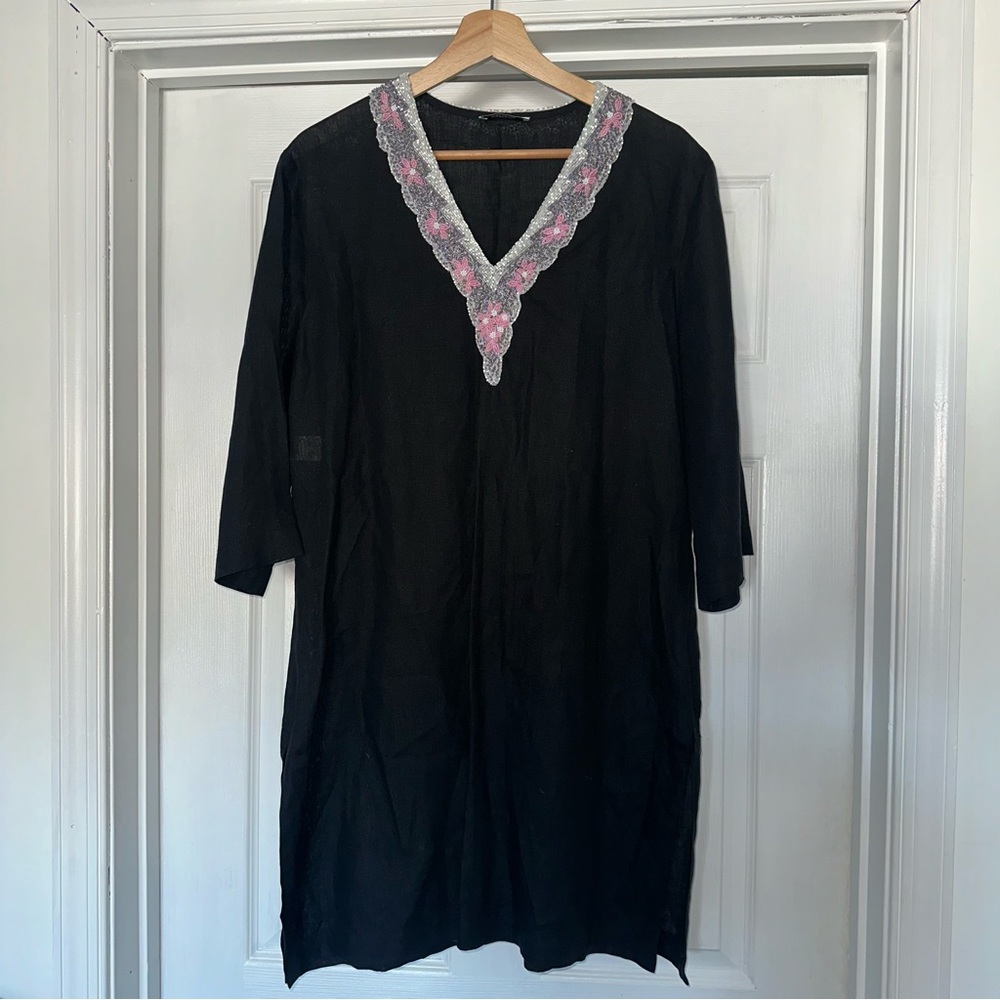 Moschino Cheap and Chic Linen Embellished Beaded Tunic Dress Beach Black L